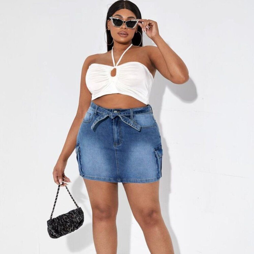 Women's Plus Size Denim Mini Skirt Ruffle Knot Short Denim Skirt